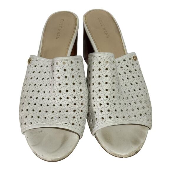 Cole Haan Woven Block Heel Mulkes Womens 8 B White Leather Peep Toe Sandals - Picture 4 of 8